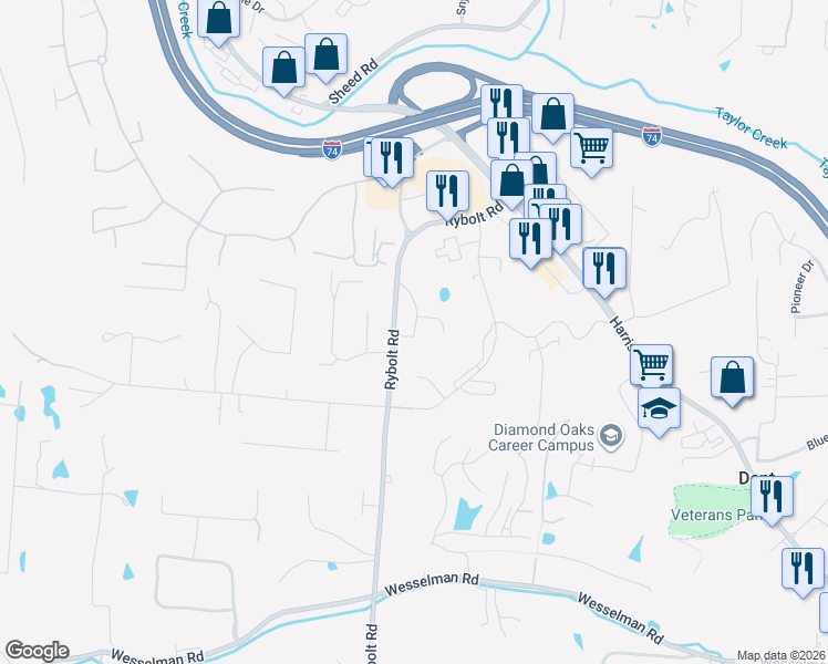 map of restaurants, bars, coffee shops, grocery stores, and more near 6652 Russell Heights Drive in Cincinnati