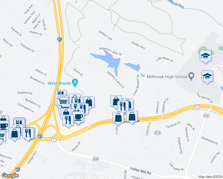 map of restaurants, bars, coffee shops, grocery stores, and more near 114 Pyramid Drive in Winchester