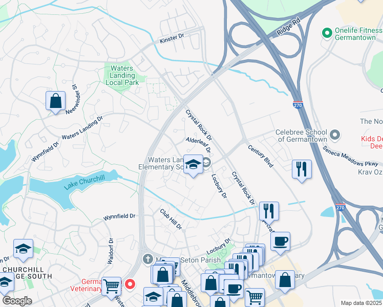 map of restaurants, bars, coffee shops, grocery stores, and more near 20409 Alderleaf Terrace in Germantown