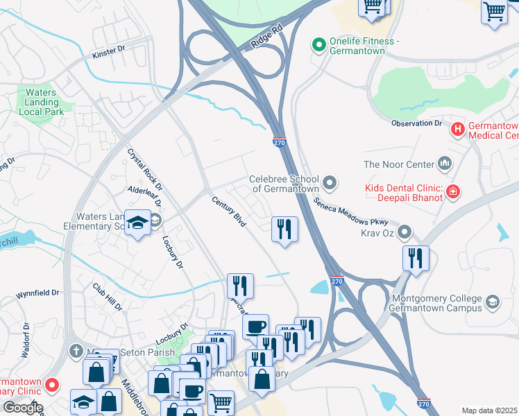 map of restaurants, bars, coffee shops, grocery stores, and more near 20318 Peacemaker Drive in Germantown