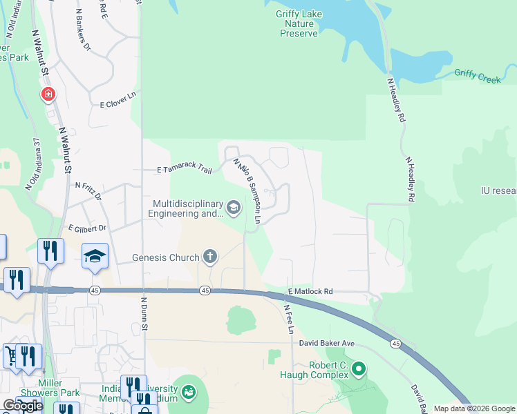 map of restaurants, bars, coffee shops, grocery stores, and more near 3245 North Milo B Sampson Lane in Bloomington