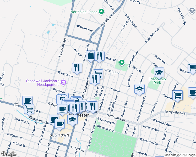 map of restaurants, bars, coffee shops, grocery stores, and more near 520 North Kent Street in Winchester