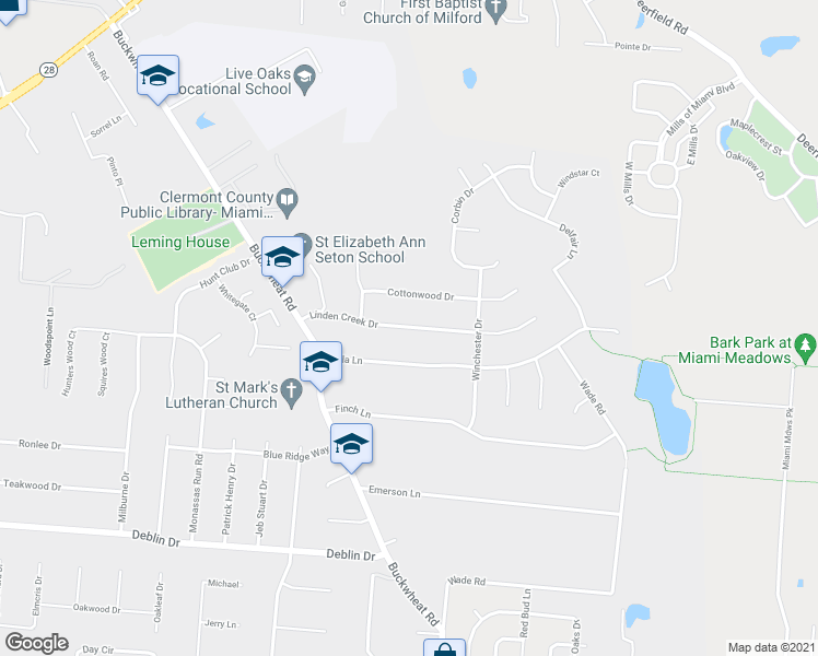 map of restaurants, bars, coffee shops, grocery stores, and more near 1364 Linden Creek Drive in Milford
