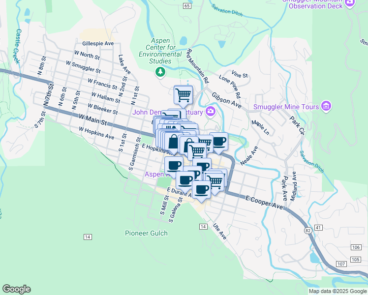 map of restaurants, bars, coffee shops, grocery stores, and more near 325 East Main Street in Aspen