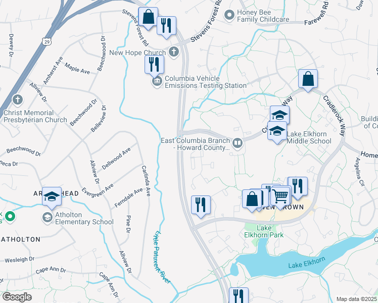 map of restaurants, bars, coffee shops, grocery stores, and more near 6545 Quiet Hours in Columbia