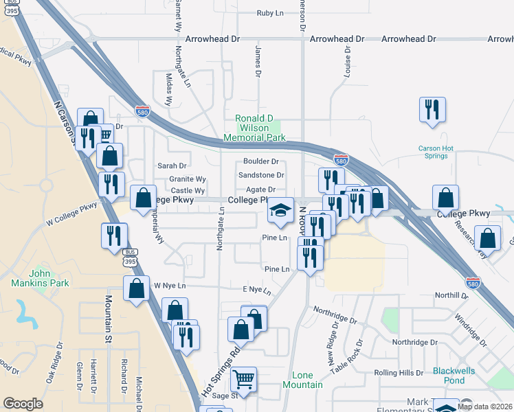 map of restaurants, bars, coffee shops, grocery stores, and more near 246 East Gardengate Way in Carson City
