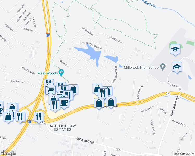 map of restaurants, bars, coffee shops, grocery stores, and more near 109 Pyramid Drive in Winchester