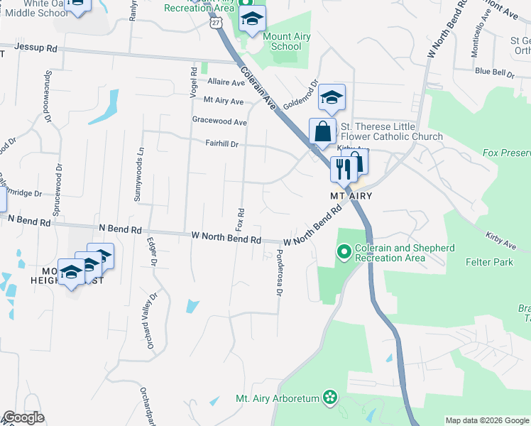 map of restaurants, bars, coffee shops, grocery stores, and more near 2660 Hummingbird Court in Cincinnati