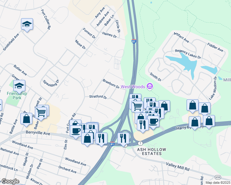 map of restaurants, bars, coffee shops, grocery stores, and more near 218 Stratford Drive in Winchester