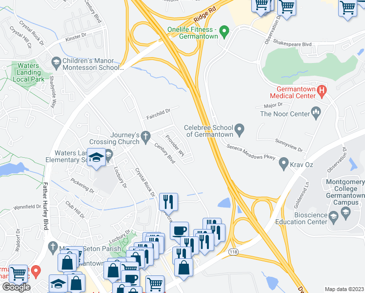 map of restaurants, bars, coffee shops, grocery stores, and more near 20318 Peacemaker Drive in Germantown