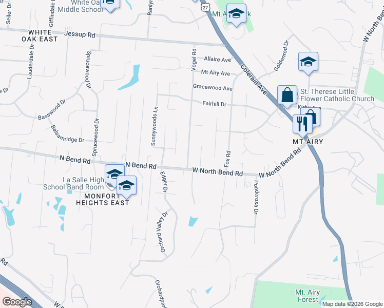 map of restaurants, bars, coffee shops, grocery stores, and more near 5430 Vogel Road in Cincinnati