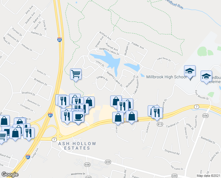 map of restaurants, bars, coffee shops, grocery stores, and more near 126 Pyramid Drive in Winchester