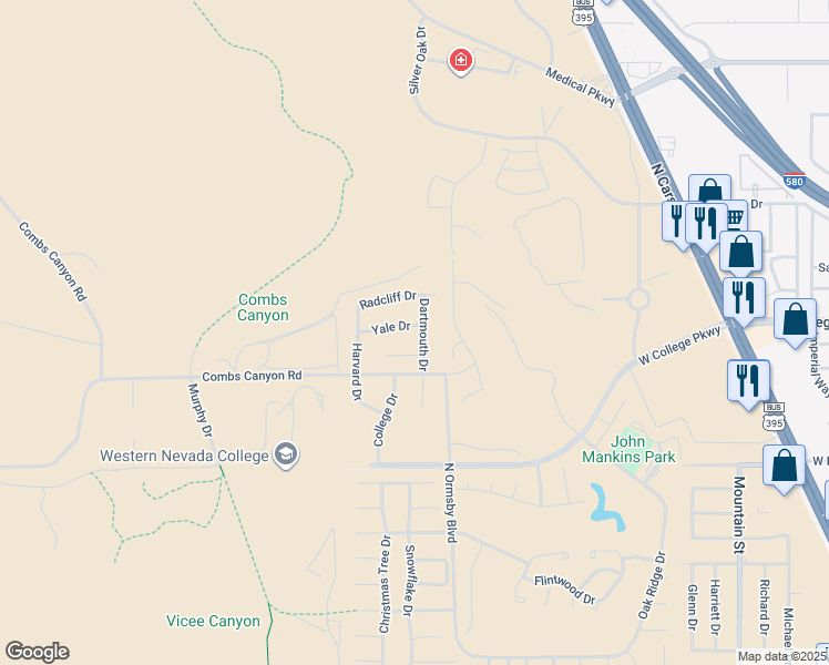 map of restaurants, bars, coffee shops, grocery stores, and more near 1831 Yale Drive in Carson City