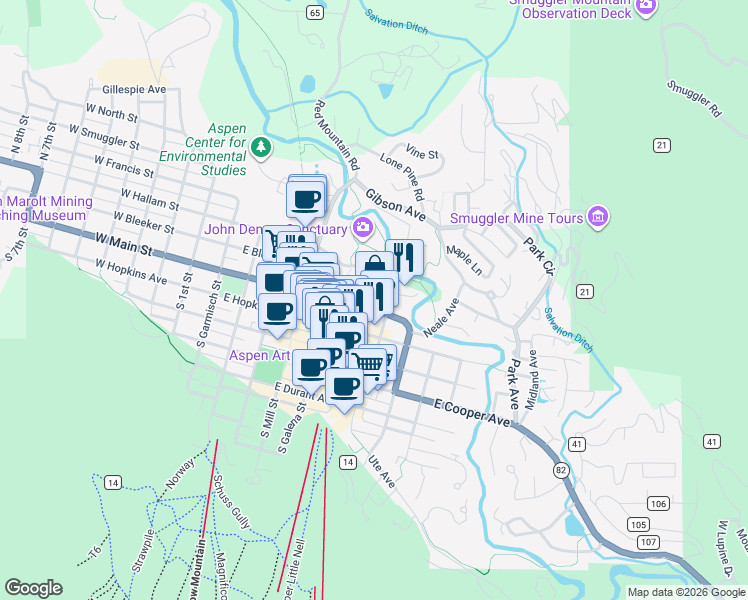 map of restaurants, bars, coffee shops, grocery stores, and more near 600 East Main Street in Aspen