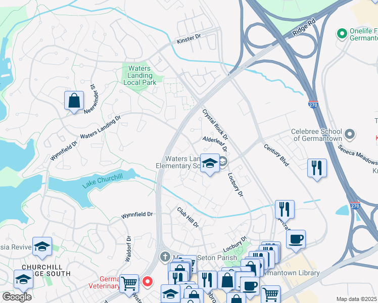 map of restaurants, bars, coffee shops, grocery stores, and more near 41 Pickering Court in Germantown