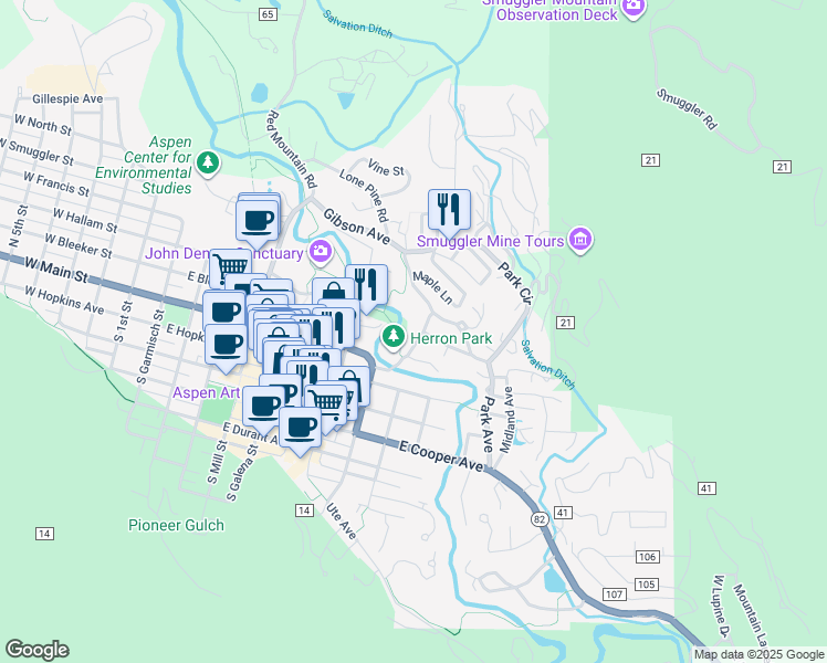map of restaurants, bars, coffee shops, grocery stores, and more near 115 Neale Ave in Aspen
