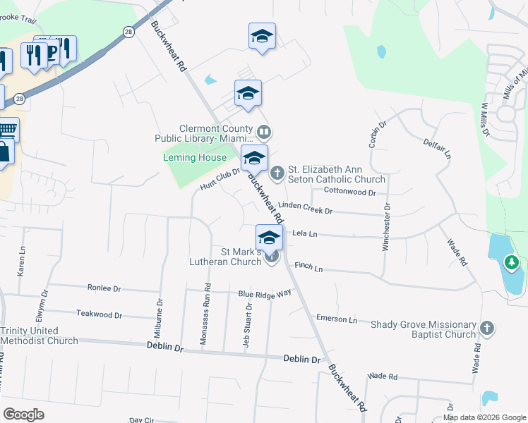 map of restaurants, bars, coffee shops, grocery stores, and more near 5862 Whitegate Court in Milford