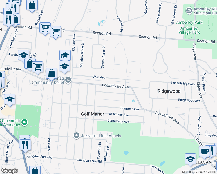 map of restaurants, bars, coffee shops, grocery stores, and more near 2443 Losantiville Avenue in Cincinnati