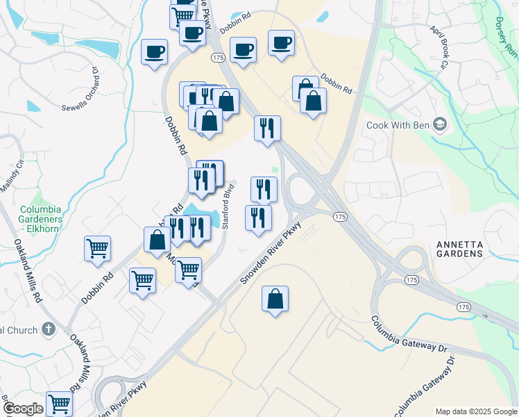 map of restaurants, bars, coffee shops, grocery stores, and more near 8850 Stanford Boulevard in Columbia