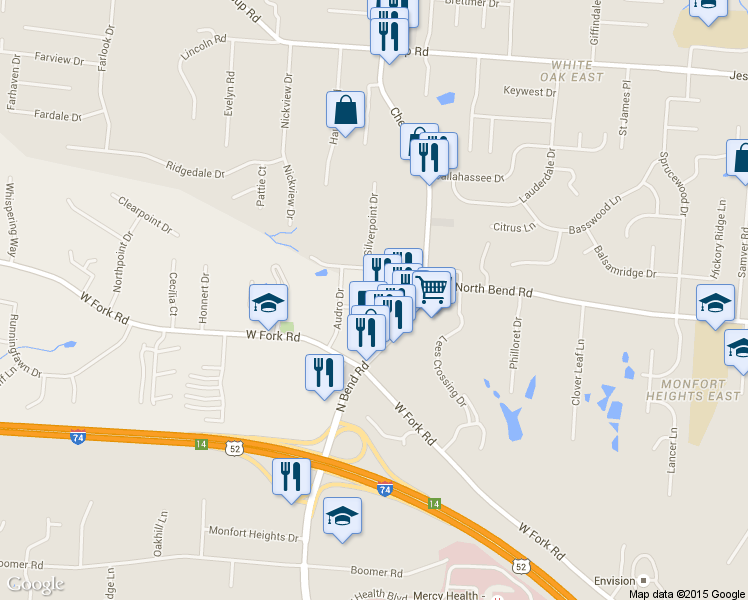 map of restaurants, bars, coffee shops, grocery stores, and more near 3564 Robroy Drive in Cincinnati