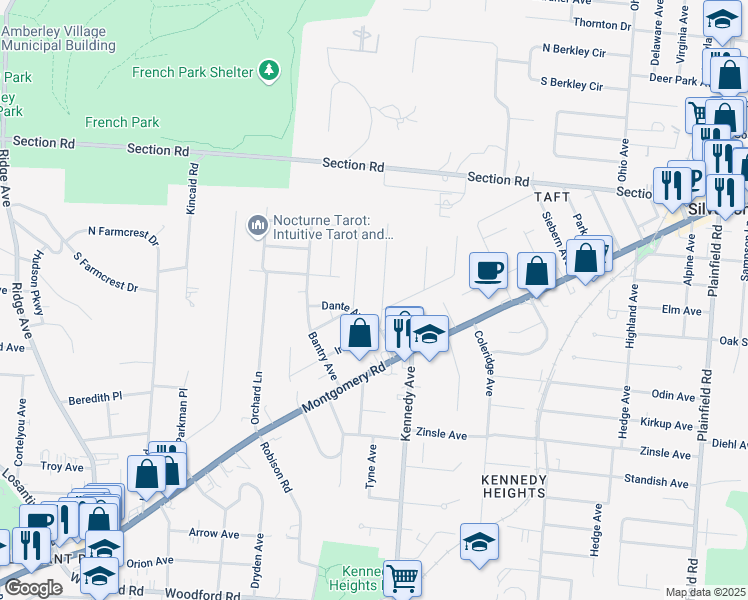 map of restaurants, bars, coffee shops, grocery stores, and more near 6655 Kennedy Avenue in Cincinnati