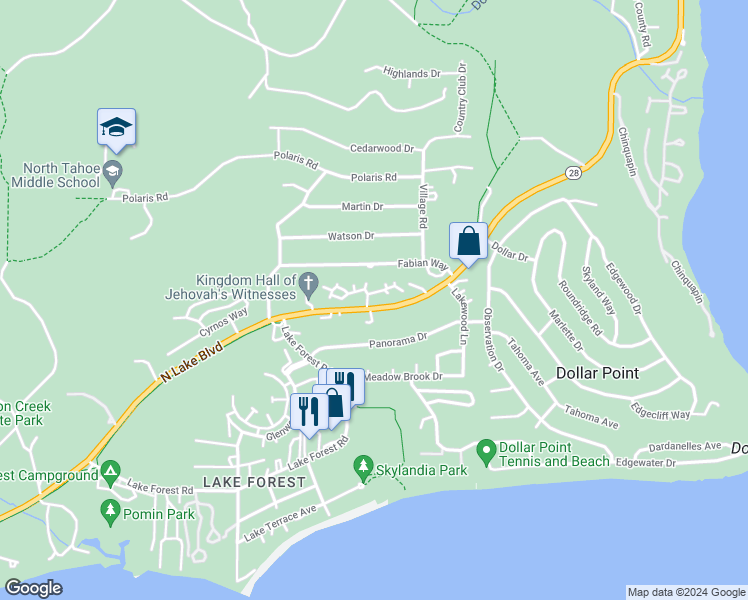 map of restaurants, bars, coffee shops, grocery stores, and more near 3115 State Highway 28 in Tahoe City