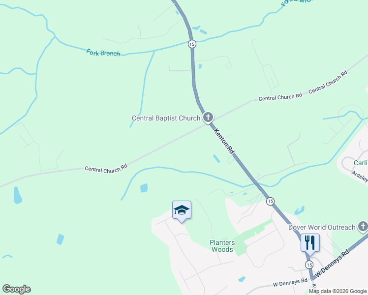 map of restaurants, bars, coffee shops, grocery stores, and more near 1492 Central Church Road in Dover