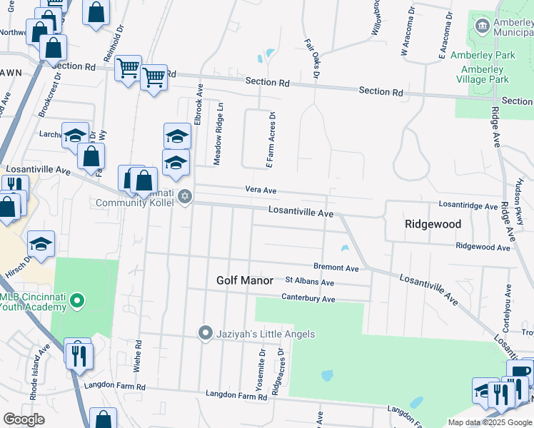 map of restaurants, bars, coffee shops, grocery stores, and more near in Golf Manor