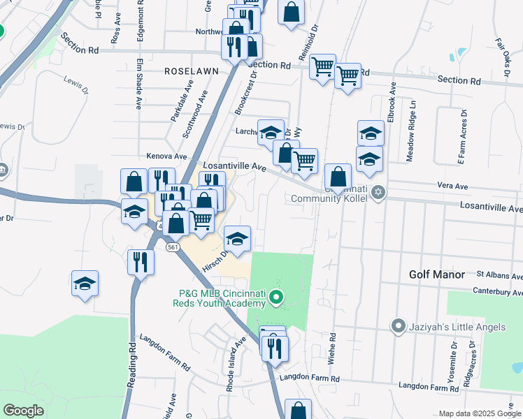 map of restaurants, bars, coffee shops, grocery stores, and more near 7131 Eastlawn Drive in Cincinnati