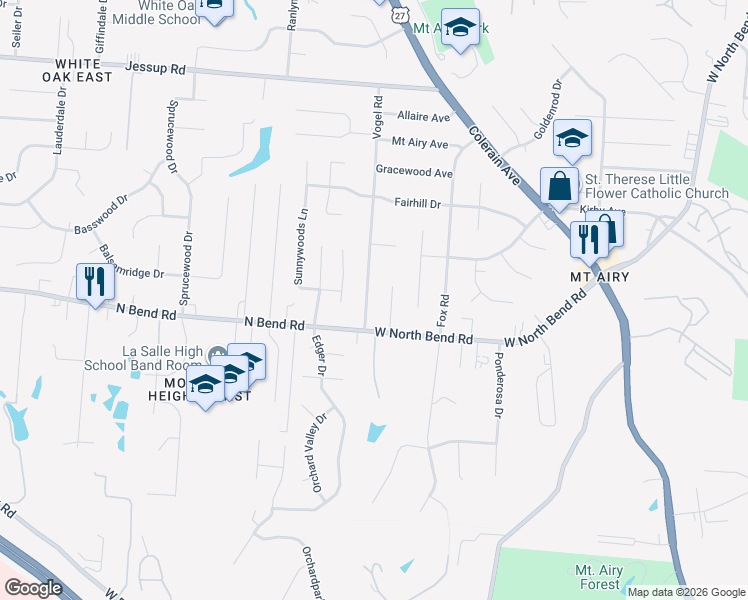map of restaurants, bars, coffee shops, grocery stores, and more near 5430 Vogel Road in Cincinnati