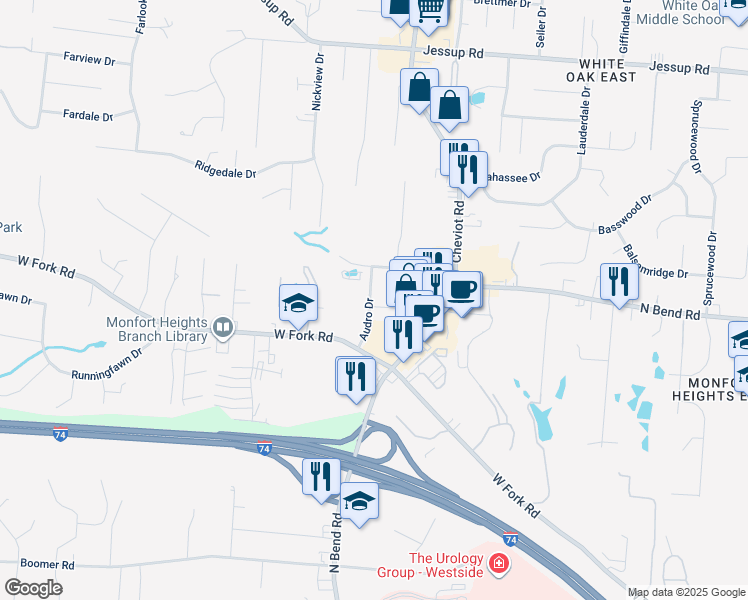 map of restaurants, bars, coffee shops, grocery stores, and more near 3598 Robroy Drive in Cincinnati
