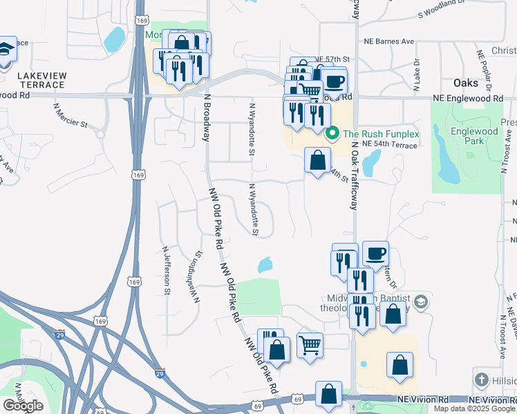 map of restaurants, bars, coffee shops, grocery stores, and more near 5225 North Wyandotte Street in Kansas City
