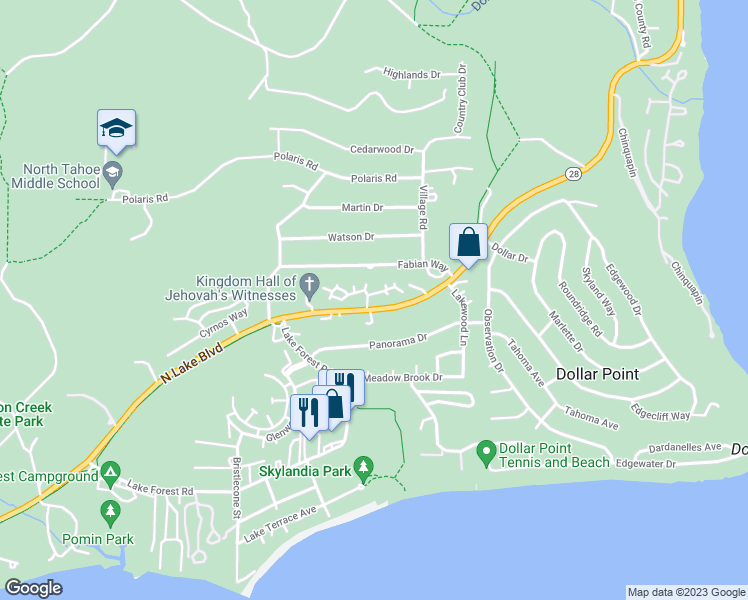 map of restaurants, bars, coffee shops, grocery stores, and more near 3115 State Highway 28 in Tahoe City