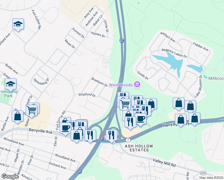 map of restaurants, bars, coffee shops, grocery stores, and more near 611 Chatham Square in Winchester