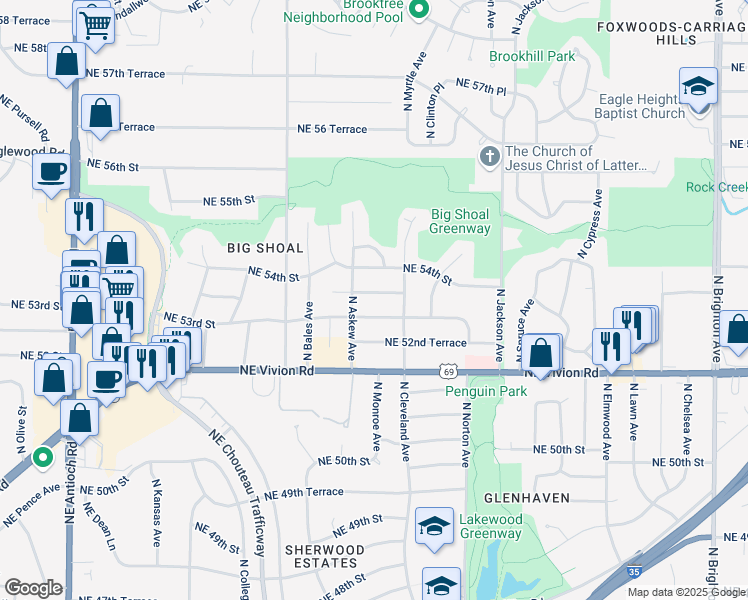 map of restaurants, bars, coffee shops, grocery stores, and more near 3615 Northeast 53 Terrace in Kansas City