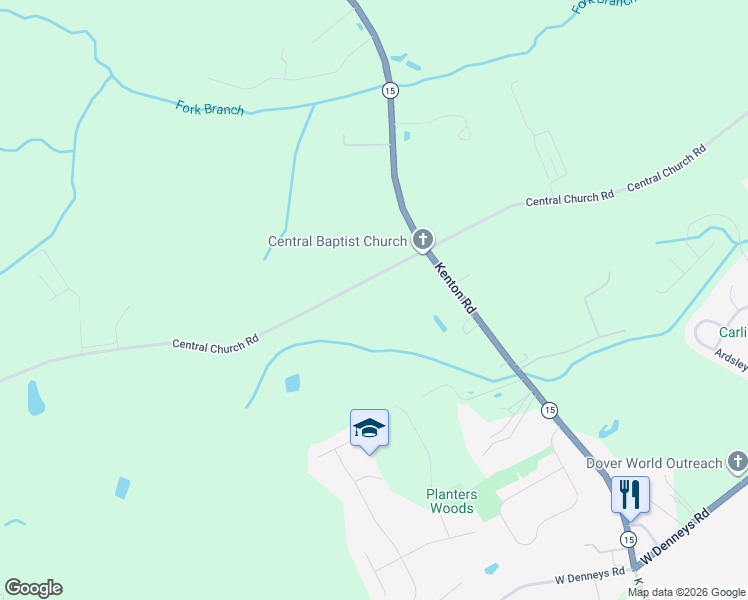 map of restaurants, bars, coffee shops, grocery stores, and more near 1492 Central Church Road in Dover