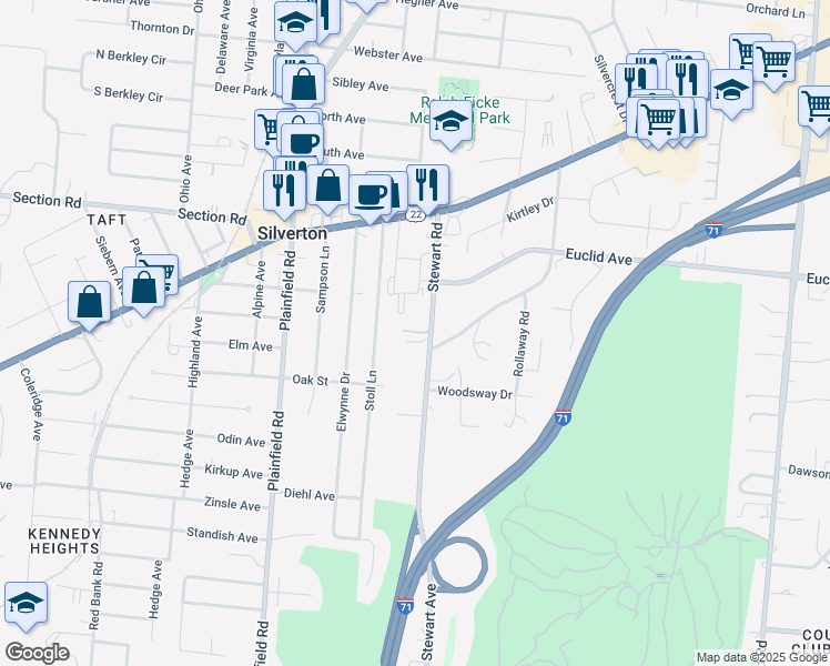 map of restaurants, bars, coffee shops, grocery stores, and more near 6805 Stewart Road in Cincinnati