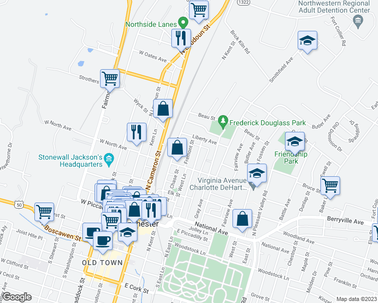 map of restaurants, bars, coffee shops, grocery stores, and more near 537 Fremont Street in Winchester