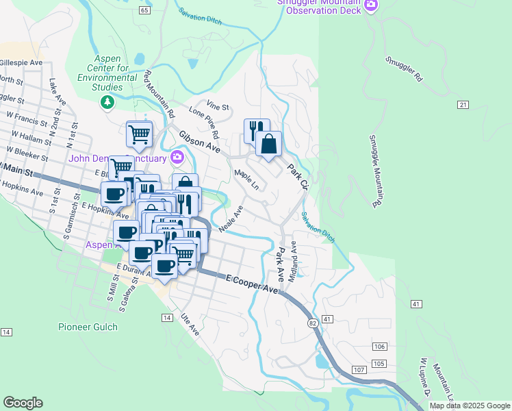 map of restaurants, bars, coffee shops, grocery stores, and more near 931 Gibson Avenue in Aspen