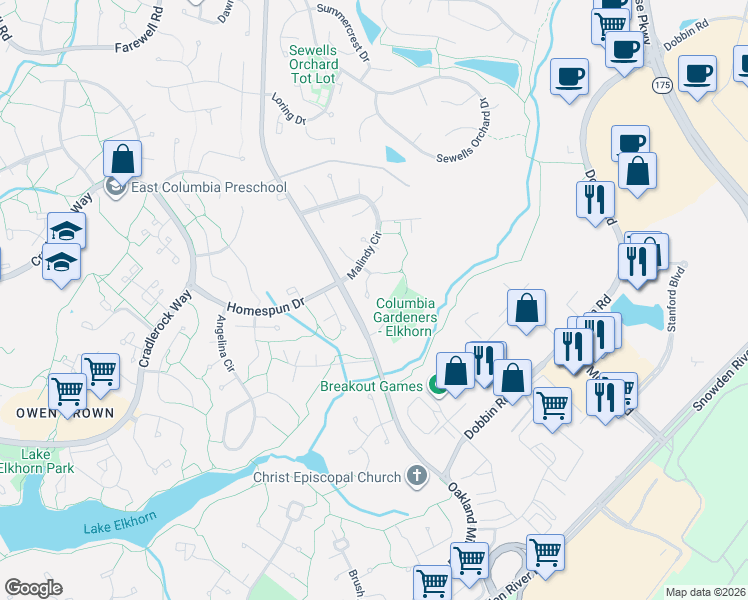 map of restaurants, bars, coffee shops, grocery stores, and more near 6589 Robin Song in Columbia