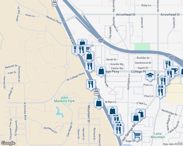map of restaurants, bars, coffee shops, grocery stores, and more near 3589 North Carson Street in Carson City