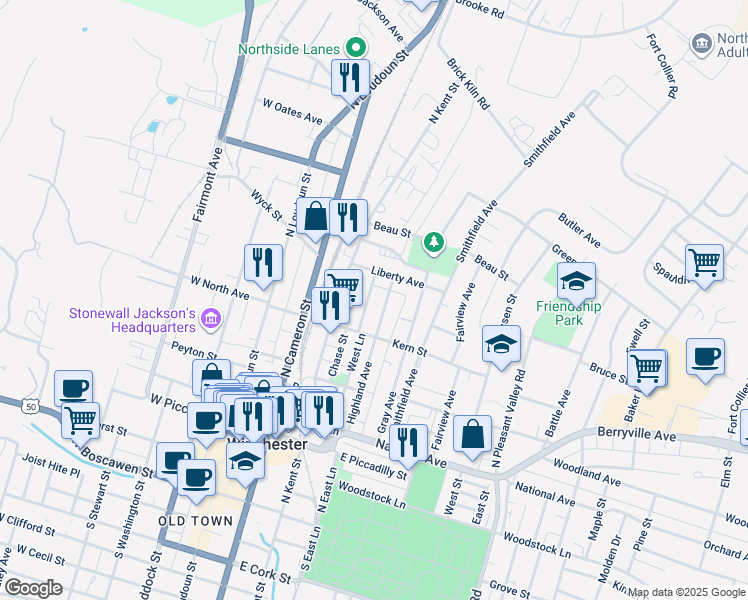 map of restaurants, bars, coffee shops, grocery stores, and more near 540 Fremont Street in Winchester