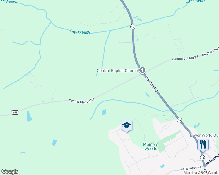 map of restaurants, bars, coffee shops, grocery stores, and more near 1339 Central Church Road in Dover