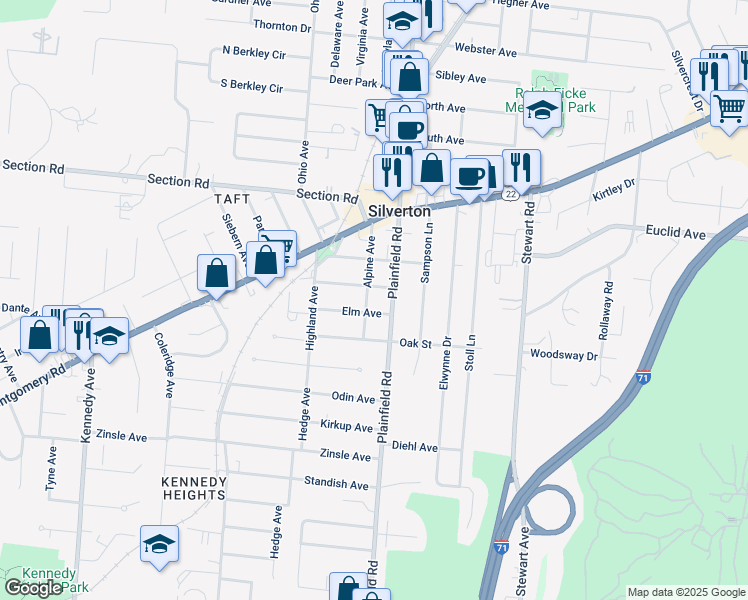 map of restaurants, bars, coffee shops, grocery stores, and more near 6736 Alpine Avenue in Cincinnati