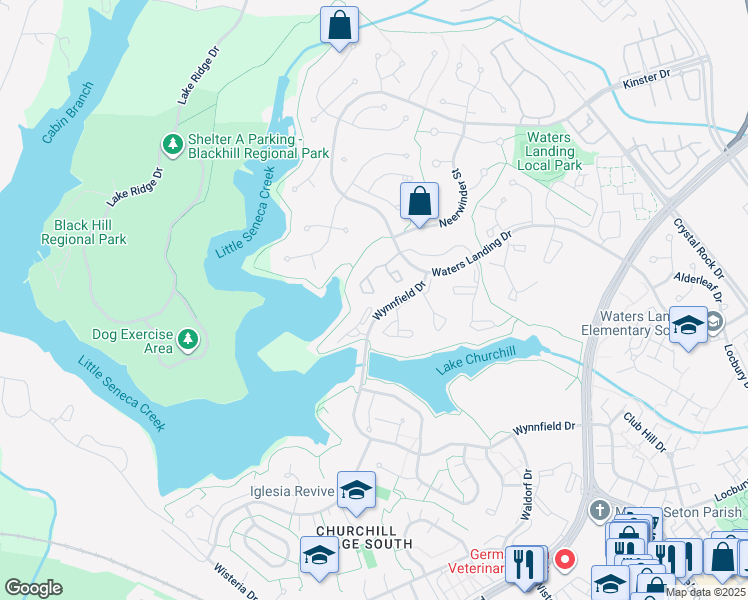 map of restaurants, bars, coffee shops, grocery stores, and more near 13642 Ambassador Drive in Germantown