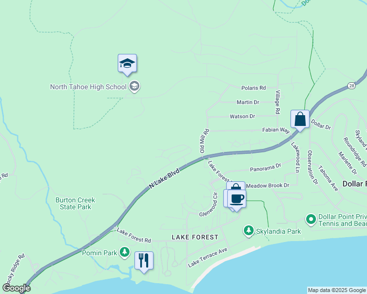 map of restaurants, bars, coffee shops, grocery stores, and more near 2755 North Lake Boulevard in Tahoe City