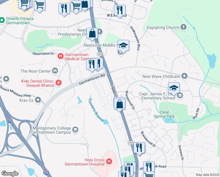 map of restaurants, bars, coffee shops, grocery stores, and more near 20445 Apple Harvest Circle in Germantown