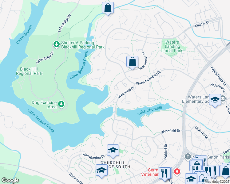 map of restaurants, bars, coffee shops, grocery stores, and more near 13654 Ambassador Drive in Germantown