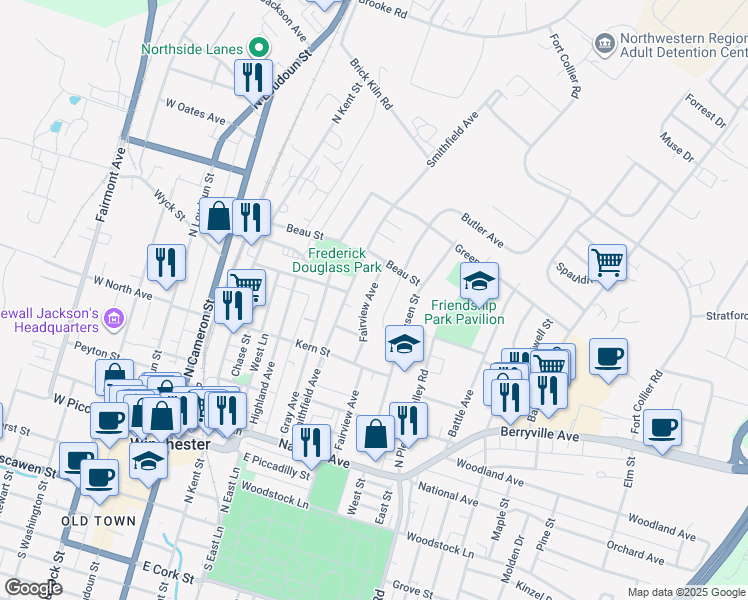 map of restaurants, bars, coffee shops, grocery stores, and more near 624 Fairview Avenue in Winchester