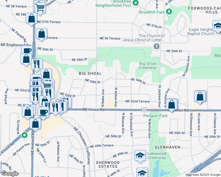 map of restaurants, bars, coffee shops, grocery stores, and more near 3515 Northeast 53 Terrace in Kansas City